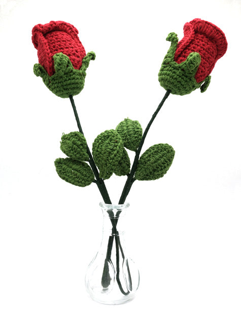 pair of crochet cotton roses in vase for 2nd anniversary traditional gift of cotton