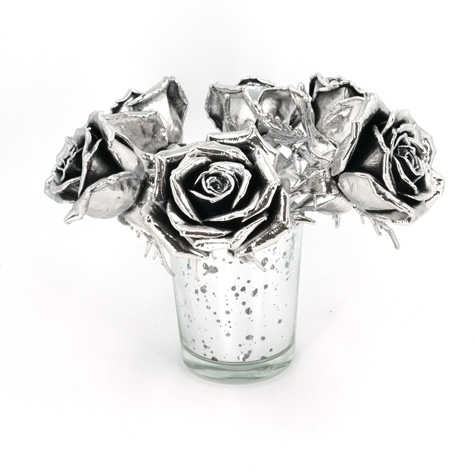 Half dozen silver coated real roses in vase for silver anniversary gift