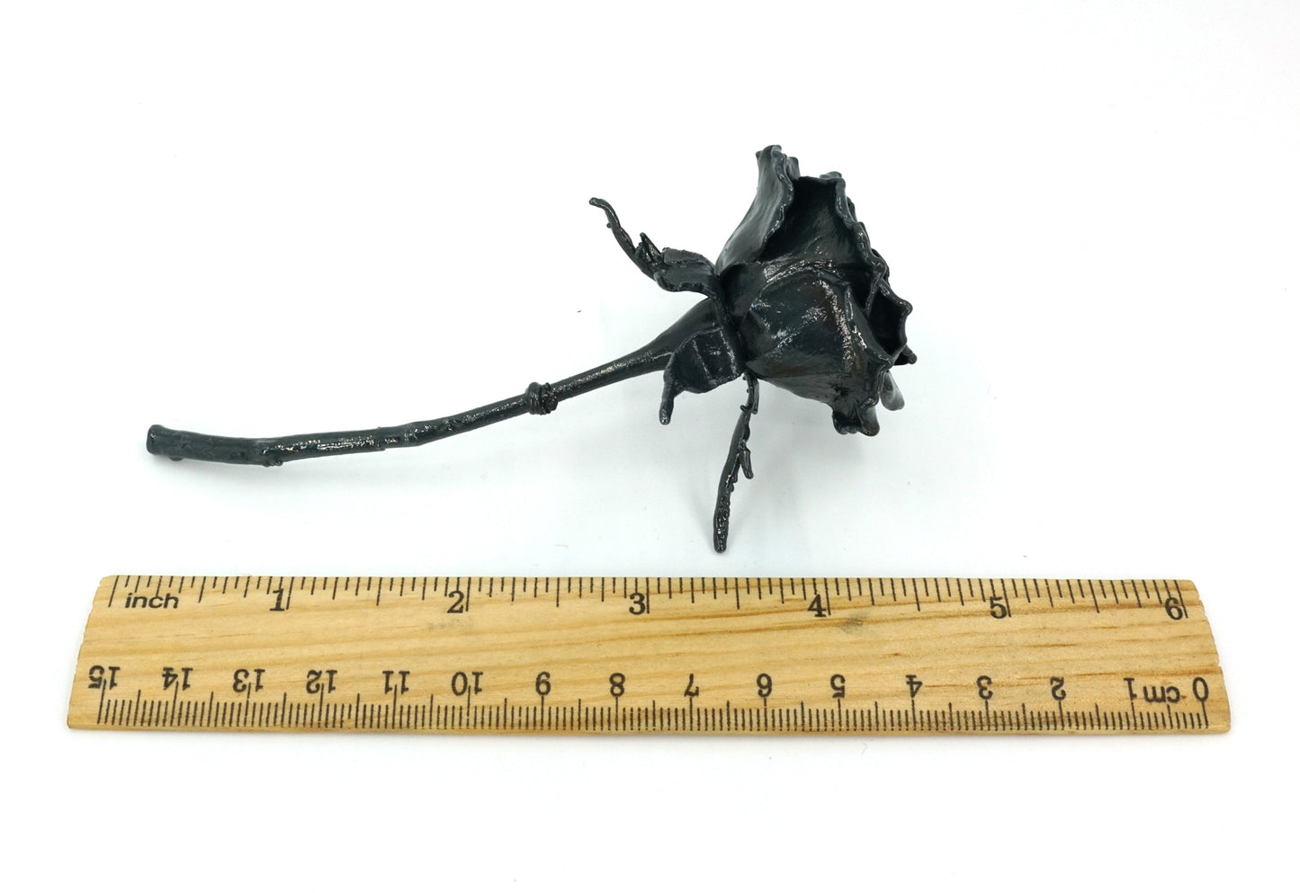 iron covered real rose on size showing length of 5 inches by ruler
