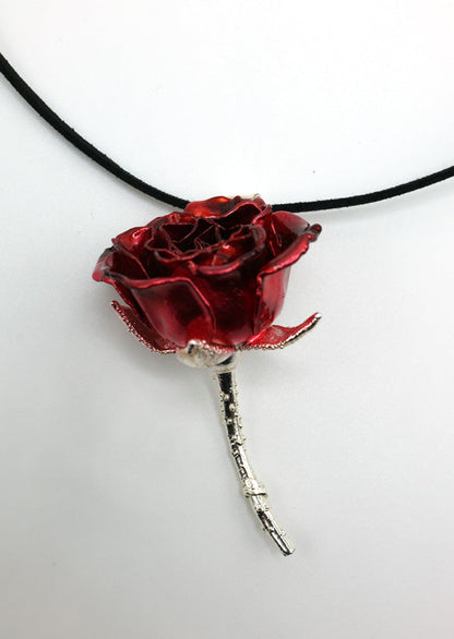 pendant of small real rose preserved red and silver